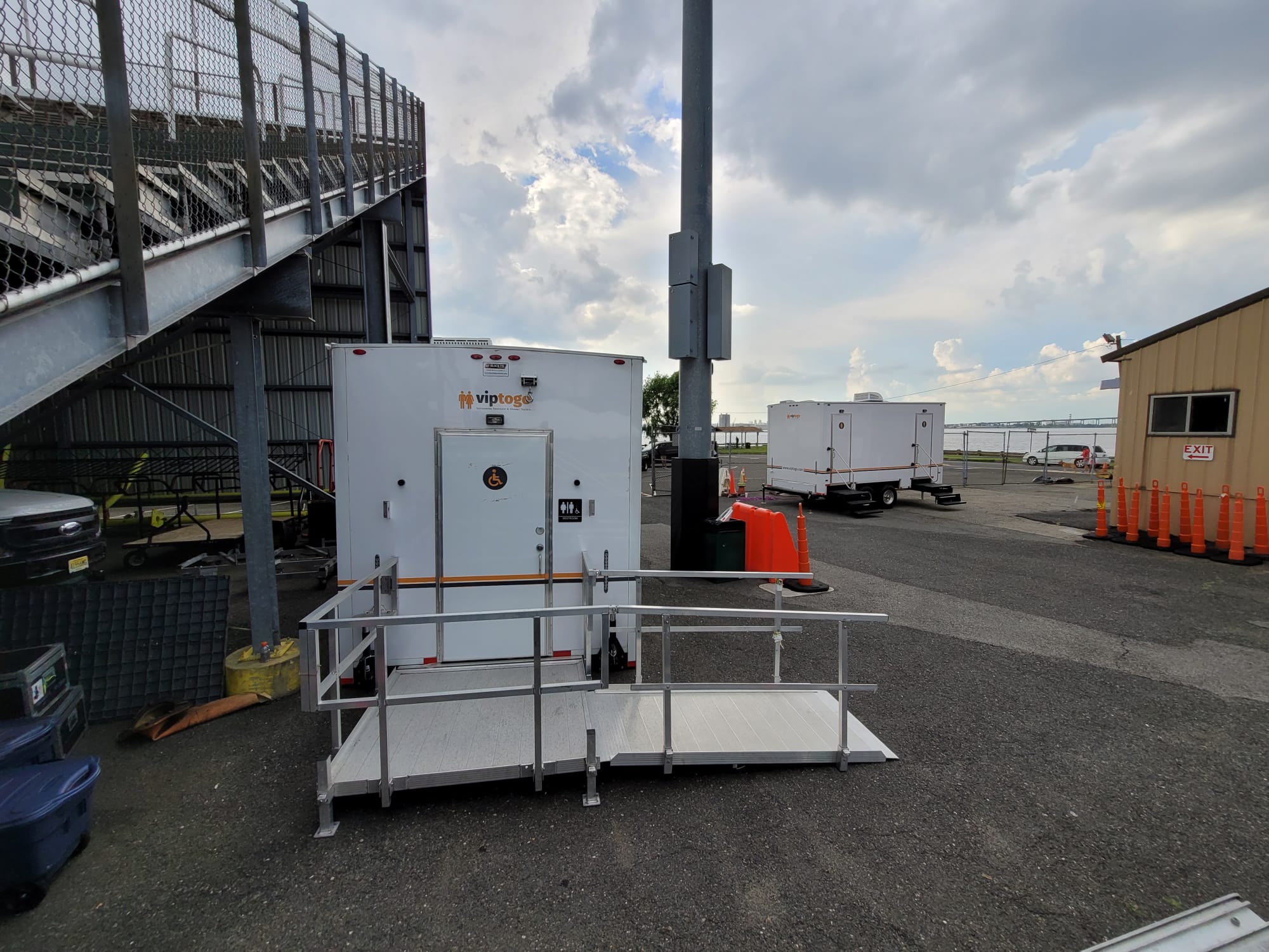 ADA-compliant restroom trailer on construction site in North Dakota