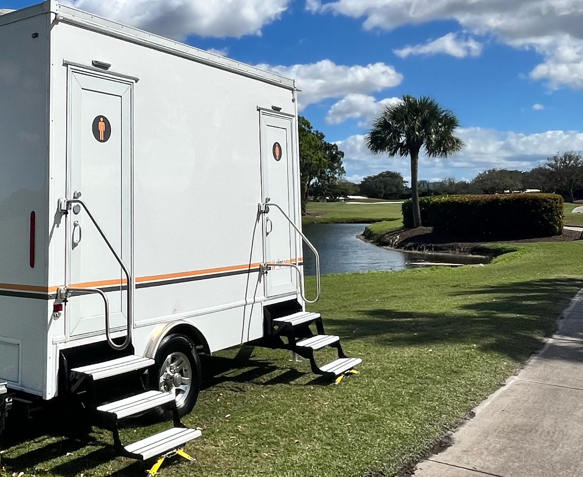 Inside a VIP To Go luxury restroom trailer at Mobile, Alabama