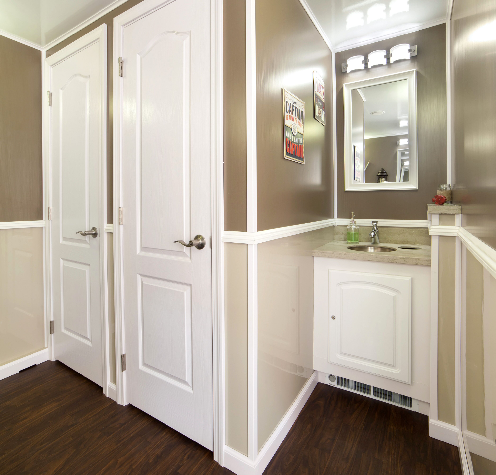 Inside a luxury restroom trailer at a Clearwater or Florida event