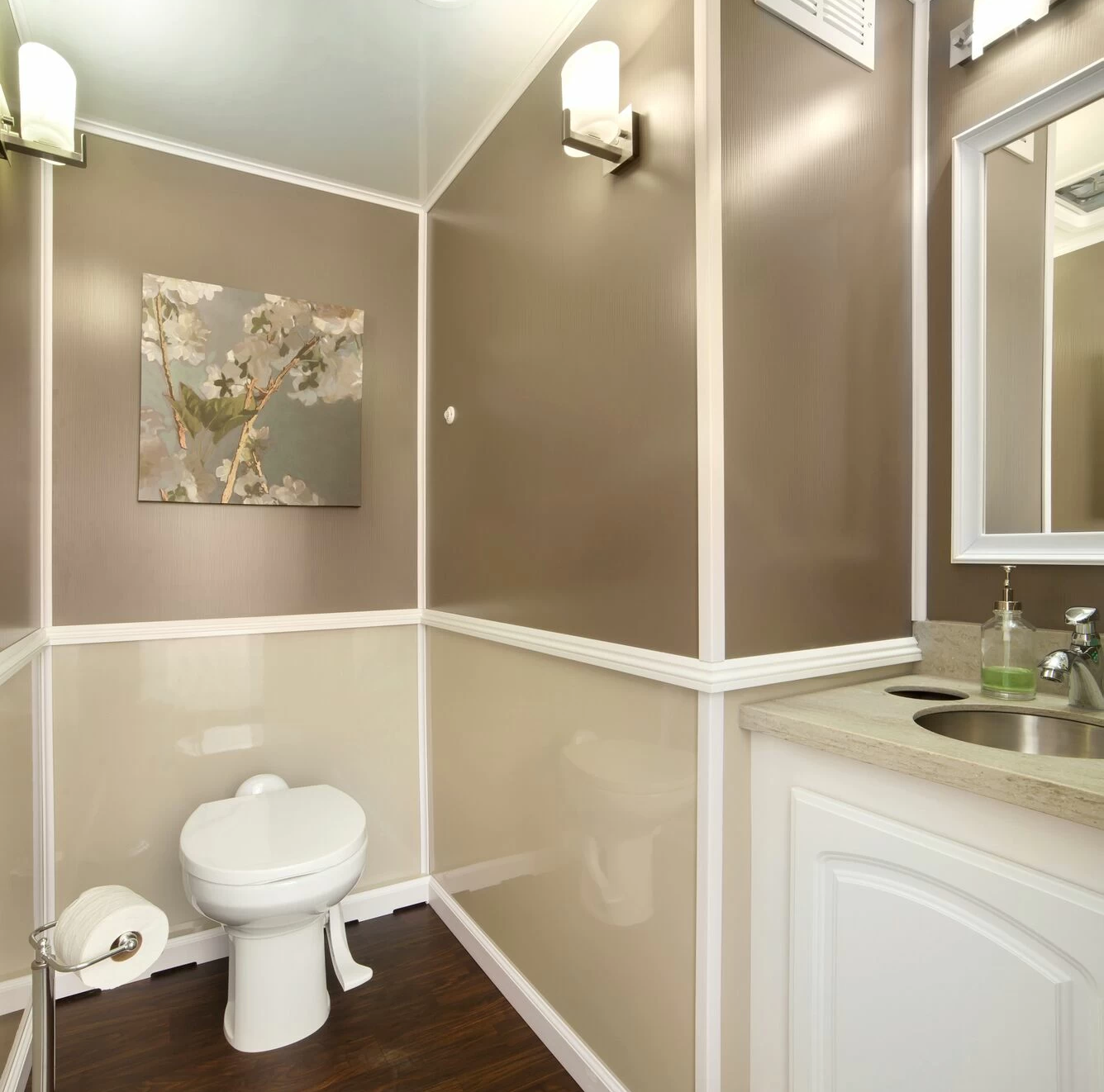 Inside of a VIP To Go luxury restroom trailer at a Tucson event