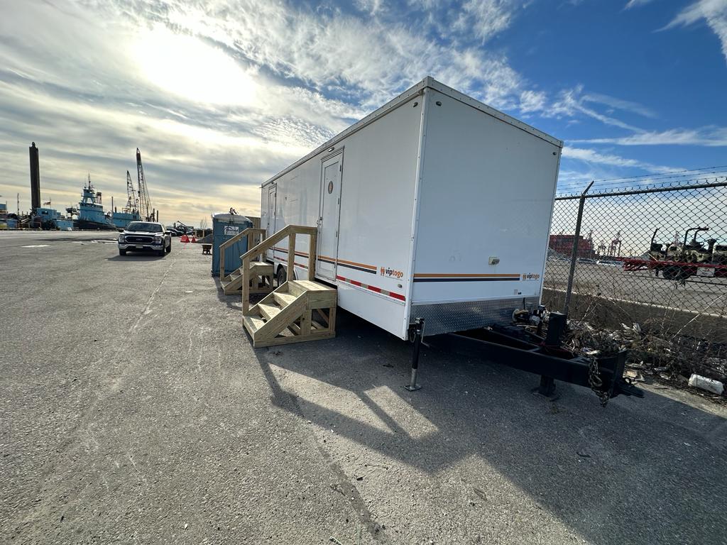 Restroom trailer on construction site, Philadelphia, Pennsylvania