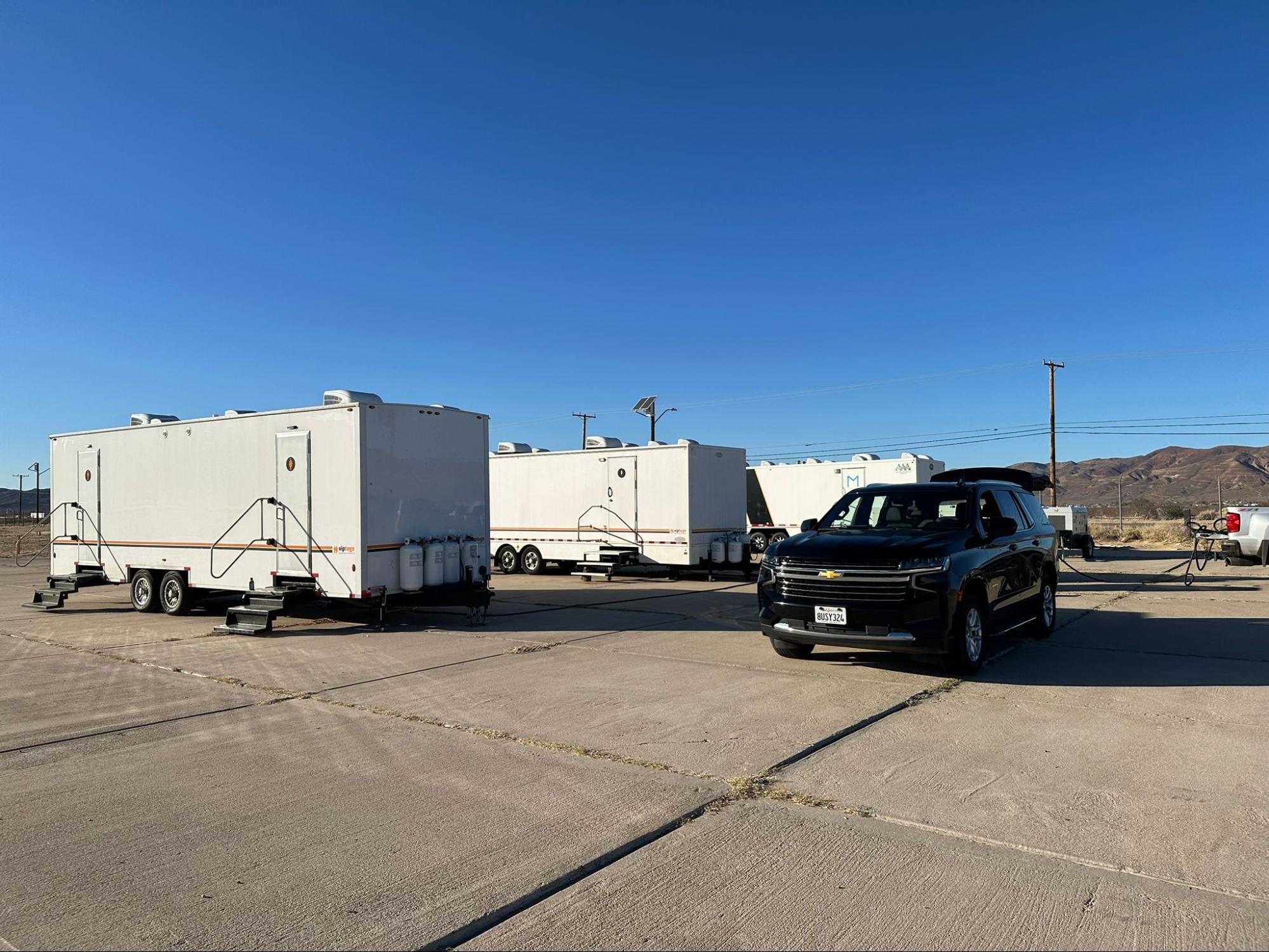 Restroom trailer on construction site, Reading, Delaware