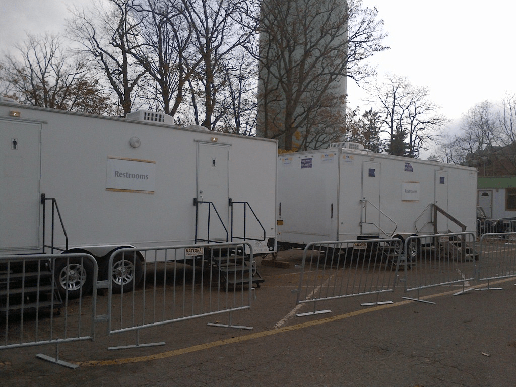 Multiple winter holiday event restroom trailers